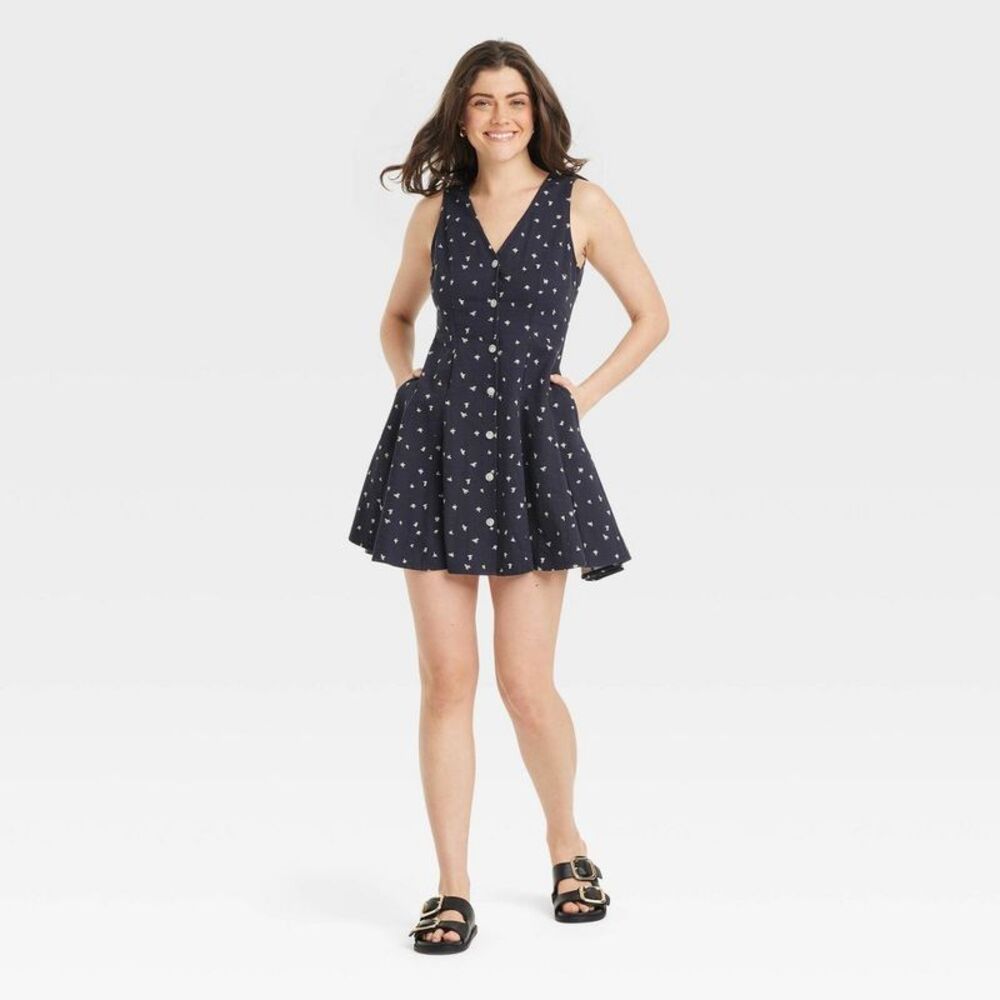 Universal Thread - Women's Button-Front Godet Mini A-Line Dress - Uni Navy Blue